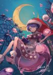  1girl absurdres alternate_color amusement_park animal_ears antinomy_of_common_flowers arm_at_side bangs blob blue_eyes blue_hair book bookmark boots bubble building closed_mouth commentary_request crescent_moon crossed_legs doremy_sweet dream_soul dress droplet ferris_wheel foreshortening fur-trimmed_headwear hair_between_eyes hands_up hat highres holding holding_book horns juse_(simasmasi) light_particles moon multicolored multicolored_clothes multicolored_dress night night_sky nightcap outstretched_hand partial_commentary pointy_footwear pom_pom_(clothes) purple_capelet purple_dress red_headwear santa_hat short_hair sidelocks signature sitting sky smirk solo stitches tail tapir_ears tapir_tail touhou white_dress white_footwear window 