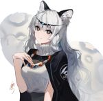  1girl absurdres animal_ears arknights black_cape breasts bright_pupils cape closed_mouth commentary english_commentary grey_eyes grey_hair grey_sweater hand_on_own_chest hand_up head_tilt highres hoojiro jewelry large_breasts large_tail long_hair looking_at_viewer making-of_available necklace pramanix_(arknights) signature simple_background smile solo sweater tail upper_body white_background white_pupils 