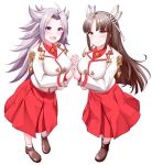  2girls black_hair brown_eyes dress_shirt full_body hair_ribbon hime_cut hiyou_(kantai_collection) holding_hands jun&#039;you_(kantai_collection) kantai_collection kirigakure_(kirigakure_tantei_jimusho) long_hair looking_at_viewer magatama multiple_girls pleated_skirt purple_eyes purple_hair red_skirt ribbon shirt simple_background skirt smile spiked_hair standing white_background 