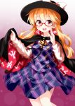  1girl bangs black_cape black_headwear blonde_hair bow buttons cape clothes_writing clownpiece collared_shirt cosplay cowboy_shot eyebrows_visible_through_hair fedora glasses gradient gradient_background hair_between_eyes hat hat_bow highres holding holding_cape long_hair long_sleeves looking_at_viewer open_mouth plaid plaid_skirt plaid_vest purple_skirt purple_vest quimbaya_airplane red-framed_eyewear red_background red_eyes runes ruu_(tksymkw) semi-rimless_eyewear shirt skirt smile solo standing teeth touhou under-rim_eyewear usami_sumireko usami_sumireko_(cosplay) vest white_bow white_shirt 