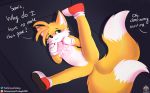  ambiguous_gender anthro bed blush canid canine clothing footwear fox furniture gloves handwear hi_res lying male mammal miles_prower on_back on_side senz shoes solo sonic_the_hedgehog_(series) spread_legs spreading text url 