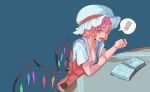  1girl 3735geriragouki areola_slip areolae arm_support bangs blonde_hair blue_background blush book breasts commentary_request elbow_rest elbows_on_table fangs flandre_scarlet hat hat_ribbon highres holding holding_pencil leaning_on_table looking_at_viewer looking_to_the_side mob_cap multicolored multicolored_eyes nervous open_book open_clothes open_mouth orange_eyes orange_hair pencil pointy_ears red_eyes red_ribbon red_skirt red_vest revealing_clothes ribbon shirt short_hair short_sleeves sidelocks skirt skirt_set small_breasts solo spoken_squiggle squiggle studying swept_bangs table tablecloth touhou upper_body vest white_headwear white_shirt wings 