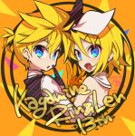  1boy 1girl anniversary bangs black_gloves black_vest blue_eyes bow character_name commentary dress earrings gloves hair_bow hair_ornament hairclip highres index_finger_raised jewelry kagamine_len kagamine_rin looking_at_viewer looking_back negi_(ulog&#039;be) open_mouth orange_gloves shirt smile spiked_hair swept_bangs upper_body vest vocaloid w white_bow white_dress white_shirt 