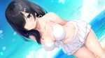  1girl aibeya_2 arms_behind_back bangs beach bikini black_hair blue_eyes blush breasts cleavage collarbone game_cg hair_ornament hair_over_one_eye hairclip highres large_breasts leaning_forward long_hair looking_at_viewer medium_hair misora_saku navel ocean oryou sky solo swimsuit white_bikini 