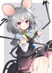  absurdres animal_ears bangs black_skirt black_vest blurry blush breasts closed_mouth clothing_cutout commentary_request depth_of_field dowsing_rod eyebrows_visible_through_hair feet_out_of_frame floating grey_background grey_capelet grey_hair highres holding_rod looking_at_viewer mouse_ears mouse_tail nazrin red_eyes shadow short_hair simple_background skirt small_breasts smile tail touhou two-tone_background vest white_background yuujin_(yuzinn333) 