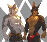  abs abstract_background absurd_res anthro boxers_(clothing) canid canine canis clothing cxcxxcxxxx dobermann domestic_dog duo hi_res male mammal muscular muscular_male pinscher speedo standing swimwear underwear wolf 