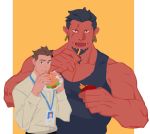  2boys alternate_costume bara bare_shoulders black_hair black_tank_top boyfriend_(likaou) brown_hair colored_skin couple earrings facial_hair fangs flat_color food french_fries giant giant_male goatee hamburger highres holding holding_food jewelry likaou looking_at_viewer male_focus multiple_boys muscular muscular_male original pectorals pointy_ears red_eyes red_oni_(likaou) red_skin scar scar_across_eye shirt short_hair size_difference tank_top upper_body white_shirt 