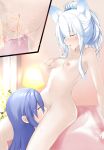  2girls animal_ears bed blush breasts cat_ears cunnilingus effole_(fairy_fencer_f) fairy_fencer_f highres karin_(fairy_fencer_f) multiple_girls nipples nude oral peeing purple_hair pussy pussy_juice uncensored vesperia white_hair yuri 