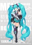  1girl absurdly_long_hair absurdres ahoge aqua_eyes aqua_hair aqua_neckwear black_gloves black_legwear commentary controller cyborg english_text fingerless_gloves full_body gloves gun hair_between_eyes hatsune_miku headgear hichi highres holding holding_gun holding_weapon long_hair mechanical_arm mechanical_leg military_operator mixed-language_commentary necktie pouch public_address_system remote_control shirt shoulder_tattoo single_glove single_thighhigh sleeveless sleeveless_shirt smile solo song_name speaker submachine_gun suspenders_hanging tattoo thighhighs translated trigger_discipline twintails very_long_hair vocaloid weapon 