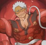  1boy alternate_skin_color bara bare_pecs blush bodysuit boku_no_hero_academia bound bound_arms cleavage_cutout clothing_cutout covered_abs fangs kan_sekijirou male_focus muscular muscular_male nipples pectorals red_bodysuit reward_available salmon_sushi scar scar_on_cheek scar_on_face short_hair solo tentacles tentacles_on_male torn_bodysuit torn_clothes white_hair 