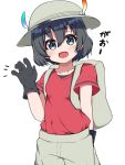  1girl backpack bag beige_shorts black_gloves black_hair blue_eyes blush commentary_request cowboy_shot eyebrows_visible_through_hair gloves hat_feather helmet highres kaban_(kemono_friends) kemono_friends pith_helmet red_shirt shirt short_hair short_sleeves solo suya_kita t-shirt translation_request 