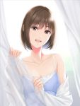  1girl blue_camisole breasts brown_eyes brown_hair camisole cleavage highres long_sleeves looking_at_viewer nayuta69 open_clothes open_mouth open_shirt original shirt small_breasts smile solo white_curtains white_shirt 