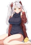  1girl :o absurdres azur_lane bangs black_sweater blush breasts brown_eyes brown_jacket eyebrows_visible_through_hair hair_between_eyes hand_up headgear highres jacket large_breasts long_hair long_sleeves looking_at_viewer moyoron multicolored_hair off_shoulder open_clothes open_jacket parted_bangs parted_lips prinz_eugen_(azur_lane) red_hair simple_background sitting sleeveless sleeveless_sweater sleeveless_turtleneck solo streaked_hair sweater turtleneck turtleneck_sweater two_side_up very_long_hair white_background white_hair 