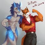  1:1 allatir anthro canid canine duo flexing flexing_bicep fox gerg_the_sergal gergserg gesture hi_res leaning_on_shoulder male mammal manly mountain_aj muscular plantigrade pose sergal smile thumbs_up 