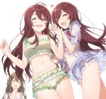  3girls :d ahoge bangs bare_shoulders blush breasts brown_hair cleavage closed_eyes collarbone commentary_request cowboy_shot frills hayashi_kewi heart idolmaster idolmaster_shiny_colors kuwayama_chiyuki large_breasts long_hair multiple_girls navel oosaki_amana oosaki_tenka open_mouth revision siblings simple_background sisters smile swept_bangs thighs twins white_background 
