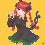  1girl :3 animal_ear_fluff animal_ears bangs black_bow black_dress blunt_bangs blush bow braid bright_pupils cat_ears cat_tail dress eyebrows_visible_through_hair fang hair_bow head_tilt highres juliet_sleeves kaenbyou_rin kneeling long_hair long_sleeves looking_at_viewer multiple_tails nekomata orange_background outline parted_lips paw_pose puffy_sleeves red_eyes red_hair sidelocks signature simple_background solo tail touhou twin_braids twintails two_tails white_outline white_pupils zanasta0810 