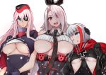  3girls :d :o ;o admiral_graf_spee_(azur_lane) anchor_symbol azur_lane bangs bare_shoulders black_dress black_eyepatch black_gloves black_hairband black_neckwear black_skirt blue_eyes breasts clothing_cutout collared_shirt commentary_request crop_top dress eyebrows_visible_through_hair eyepatch eyes_visible_through_hair garrison_cap gloves hair_between_eyes hair_over_one_eye hairband hand_on_another&#039;s_head hand_on_another&#039;s_shoulder hat height_difference high-waist_skirt highres iron_blood_(emblem) iron_cross jacket large_breasts long_hair long_sleeves looking_at_another looking_at_viewer marshall_k medium_breasts mole mole_under_eye multicolored multicolored_clothes multicolored_hair multicolored_jacket multiple_girls necktie neckwear_between_breasts o-ring one_eye_closed open_clothes open_jacket open_mouth parted_bangs pink_hair prinz_heinrich_(azur_lane) purple_jacket red_eyes red_hair red_scarf ribbed_shirt scarf scharnhorst_(azur_lane) shirt short_hair short_sleeves sidelocks silver_hair simple_background skirt smile standing streaked_hair trait_connection underboob underboob_cutout upper_body very_long_hair white_background white_shirt 