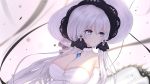  1girl azur_lane bare_shoulders blue_eyes breasts cleavage dress elbow_gloves eyebrows_visible_through_hair gloves hair_ornament hat highres illustrious_(azur_lane) large_breasts long_dress long_hair mole mole_under_eye solo strapless strapless_dress sun_hat upper_body white_dress white_hair white_headwear zynxy 