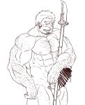  1boy abs absurdres arm_hair bar_censor bara body_hair censored chest_hair completely_nude erection facial_hair hairy highres leg_hair male_focus male_pubic_hair minatsumi muscular muscular_male navel navel_hair nipples nude oniwaka_(tokyo_houkago_summoners) pectorals penis polearm precum pubic_hair scar_on_forehead short_hair sideburns smile solo spear stubble thighs tokyo_houkago_summoners uncolored veins veiny_penis weapon 