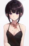  1girl absurdres bangs bare_shoulders black_camisole black_hair blunt_bangs bob_cut breasts burn_scar camisole chromatic_aberration cleavage collarbone commentary_request highres idolmaster idolmaster_cinderella_girls kudou_(sikisiki0000) looking_at_viewer medium_breasts purple_eyes scar shirayuki_chiyo short_hair sidelocks simple_background small_breasts solo spaghetti_strap upper_body 