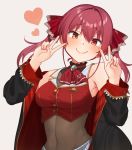  1girl blush bodystocking breasts closed_mouth covered_navel crop_top double_v eyebrows_visible_through_hair heart hololive houshou_marine inq large_breasts long_hair looking_at_viewer red_eyes red_hair smile solo upper_body v virtual_youtuber yellow_eyes 