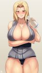  1girl :p absurdres alcohol black_panties blonde_hair breasts brown_eyes cleavage commentary grey_background hair_intakes highres huge_breasts jmg long_hair looking_at_viewer naruto naruto_(series) naughty_face panties sake simple_background solo thighs tongue tongue_out tsunade underwear 