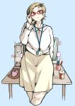  1girl absurdres adjusting_eyewear beige_skirt blonde_hair blouse blue_background cocoa_fuumi coffee_cup computer cup desk disposable_cup eyebrows_visible_through_hair highres lanyard mole mole_on_neck mouse_(computer) mousepad_(object) office_lady original red-framed_eyewear sanpaku short_eyebrows simple_background skirt smile solo thighs 