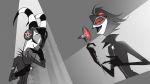 4_eyes anthro avian bird blitzo_(vivzmind) clothed clothing demon duo eyes_closed gloves handwear headphones helluva_boss hi_res imp male microphone multi_eye music_player open_mouth owl red_eyes satorrotas simple_background singing smile stolas_(vivzmind) wire 