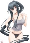  1girl alternate_costume black_hair black_panties breasts cleavage cowboy_shot grey_camisole highres kantai_collection large_breasts long_hair looking_at_viewer panties ponytail red_eyes sidelocks simple_background smile solo standing t2r underwear white_background yahagi_(kantai_collection) 