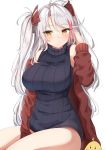  1girl absurdres azur_lane bangs black_sweater blush breasts brown_eyes brown_jacket closed_mouth eyebrows_visible_through_hair hair_between_eyes hand_up headgear highres jacket large_breasts long_hair long_sleeves looking_at_viewer moyoron multicolored_hair off_shoulder open_clothes open_jacket parted_bangs prinz_eugen_(azur_lane) red_hair simple_background sitting sleeveless sleeveless_sweater sleeveless_turtleneck smile solo streaked_hair sweater turtleneck turtleneck_sweater two_side_up very_long_hair white_background white_hair 