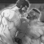  2boys abs bara barret_wallace beard blush character_request chest_hair completely_nude copyright_request crossover dark_skin dark_skinned_male doujinshi erection eye_contact facial_hair final_fantasy final_fantasy_vii greyscale hairy highres looking_at_another male_focus monochrome motion_blur motion_lines multiple_boys multiple_penises muscular muscular_male mustache navel navel_hair nipples nude old old_man onionworkshop pectorals penis penis_grab penises_touching reward_available scar scar_across_eye short_hair smile undercut yaoi 