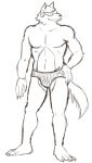  anthro barefoot black_and_white briefs canid canine canis claws clothed clothing corrector_yui eyewear glasses hand_on_hip male mammal monochrome navel simple_background sketch solo thegreatmatsutzu topless underwear war_wolf white_background wolf 
