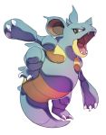  blue_body breasts claws featureless_breasts female horn nidoqueen nintendo open_mouth pinkgermy pok&eacute;mon pok&eacute;mon_(species) simple_background solo teeth tongue video_games 