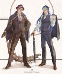  2boys alternate_costume angry beads black_gloves blue_hair buttons cane closed_mouth coat collared_shirt cu_chulainn_(fate)_(all) cu_chulainn_(fate/grand_order) cu_chulainn_alter_(fate/grand_order) dark_blue_hair dark_persona dress_shoes earrings facepaint fate/grand_order fate_(series) fedora formal full_body glasses gloves hair_beads hair_ornament hand_on_hip hat heroic_spirit_formal_dress highres iash jacket jacket_on_shoulders jewelry long_hair long_sleeves male_focus multiple_boys multiple_persona necktie overcoat pants ponytail red_eyes sharp_teeth shirt smile spiked_hair spikes standing suit tail teeth type-moon umbrella vest 