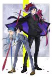  2boys alternate_costume beads bent_over blooming_yuki blue_hair bouquet bracelet cane cigarette closed_mouth coat cu_chulainn_(fate)_(all) cu_chulainn_(fate/grand_order) cu_chulainn_alter_(fate/grand_order) dark_blue_hair dark_persona dress_shoes earrings facepaint fate/grand_order fate_(series) fedora floating_hair flower full_body gae_bolg gloves hair_beads hair_ornament hat hat_removed headwear_removed heroic_spirit_formal_dress highres holding holding_polearm holding_weapon jacket jewelry long_hair long_sleeves looking_at_viewer male_focus multiple_boys multiple_persona multiple_piercings necktie overcoat pants polearm ponytail red_eyes rose smoking spiked_hair standing type-moon vest weapon 