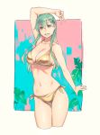  1girl bangs bikini breasts cleavage collarbone commentary_request eyebrows_visible_through_hair feet_out_of_frame gold_bikini green_eyes green_hair highres kantai_collection large_breasts long_hair looking_at_viewer navel side-tie_bikini sidelocks smile solo suzuya_(kantai_collection) swimsuit thighs traditional_media v yuuji_(and) 