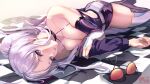  1girl azur_lane bare_shoulders blush breasts cleavage elbow_gloves enterprise_(azur_lane) enterprise_(wind_catcher)_(azur_lane) eyewear_removed gloves highres jacket looking_at_viewer lying on_side parted_lips ponytail purple_eyes shimotsuki_shio single_glove solo sunglasses thighhighs white_hair 