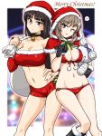  2girls bandages bangs bare_shoulders bell bell_choker bikini black_choker black_eyes black_footwear black_gloves black_hair blown_kiss blunt_bangs blurry blurry_background boko_(girls_und_panzer) boots breasts bridal_gauntlets brown_eyes brown_hair capelet choker christmas cleavage closed_mouth commentary_request contrapposto elbow_gloves english_text eyebrows_visible_through_hair front-tie_bikini front-tie_top frown fur-trimmed_capelet fur-trimmed_shirt fur_trim girls_und_panzer girls_und_panzer_senshadou_daisakusen! gloves hand_on_hip hat heart holding holding_sack holding_stuffed_toy hood hood_up hooded_capelet jewelry lace-up large_breasts long_sleeves looking_at_viewer mature merry_christmas micro_shorts multiple_girls navel nishizumi_shiho o-ring o-ring_bikini official_alternate_costume one_eye_closed oosaka_kanagawa outside_border over_shoulder parted_lips partial_commentary red_bikini red_capelet red_gloves red_headwear red_shirt red_shorts ring sack santa_bikini santa_boots santa_costume santa_gloves santa_hat shimada_chiyo shirt shorts side-by-side smile spoken_heart standing standing_on_one_leg straight_hair strapless stuffed_animal stuffed_toy swimsuit teddy_bear thigh_gap tubetop wedding_band 