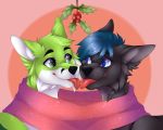  5:4 absurd_res anthro black_nose blue_body blue_eyes blue_fur blue_hair canid canine canis christmas clothed clothing damian_the_wolfdog digital_media_(artwork) domestic_dog english_text fidget_the_fox fox fur green_body green_eyes green_fur hair hi_res holidays hybrid licking licking_tongue male male/male mammal mistletoe plant psina808 scarf simple_background smile solo text tongue tongue_out white_body white_fur wolf wolfdog 