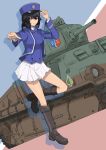  1girl absurdres adjusting_clothes adjusting_headwear andou_(girls_und_panzer) bangs bc_freedom_(emblem) bc_freedom_military_uniform black_footwear black_hair blue_headwear blue_jacket blue_vest booru_(pixiv43668469) boots brown_eyes closed_mouth commentary_request dark_skin dress_shirt dutch_angle emblem eyebrows_visible_through_hair frown girls_und_panzer hat high_collar highres huge_filesize jacket kepi knee_boots leg_up long_sleeves looking_at_viewer medium_hair messy_hair military military_hat military_uniform miniskirt partial_commentary pleated_skirt pointing pointing_at_viewer s35 shirt silhouette skirt solo spade_(shape) standing standing_on_one_leg uniform vest white_shirt white_skirt 
