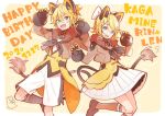  1boy 1girl animal_costume animal_ears aqua_eyes argyle_print bangs black_gloves black_neckwear blonde_hair bow brown_jacket character_name claw_pose commentary cowboy_shot dated fang fur-trimmed_gloves fur-trimmed_jacket fur_trim gloves hair_bow hair_ornament hairclip happy_birthday jacket kagamine_len kagamine_rin kneehighs lion_costume lion_ears lion_tail looking_at_viewer magical_mirai_(vocaloid) miniskirt neckerchief open_mouth pleated_skirt short_hair shorts skirt smile standing swept_bangs tail tama_(songe) vest vocaloid white_bow white_shorts white_skirt yellow_background yellow_vest 