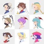  6+girls bangs black_eyes black_hair blonde_hair blue_eyes blue_hair blue_sailor_collar blue_skin bow braid breath_of_fire breath_of_fire_iv brown_hair bun_cover cammy_white capcom chun-li colored_skin company_connection crossover demon_girl from_side hat head_wings headband highres ibuki_(street_fighter) jiangshi justice_gakuen kasugano_sakura lei_lei lilith_aensland long_hair morrigan_aensland multiple_crossover multiple_girls nina_(breath_of_fire_iv) portrait profile purple_hair red_bow red_eyes red_neckwear sailor_collar scar short_hair street_fighter succubus vampire_(game) wakaba_hinata yellow_neckwear yui35 