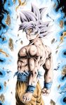  1boy abs arms_at_sides aura clenched_hands commentary_request dark_background dirty dirty_clothes dirty_face dragon_ball dragon_ball_super expressionless floating_rock frown highres looking_at_viewer male_focus muscular orange_pants pants pectorals rock serious shirt shirtless silver_eyes silver_hair simple_background son_goku spiked_hair standing torn_clothes torn_shirt ultra_instinct upper_body wristband youngjijii 