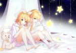  1boy 1girl anniversary bangs barefoot bed blonde_hair bloomers bow collar curtains glowing green_eyes hair_bow hair_ornament hairclip kagamine_len kagamine_rin looking_at_viewer neckerchief night night_sky paper pillow sailor_collar shirt short_hair shorts sitting sky smile socks spiked_hair star_(sky) star_ornament starry_sky stuffed_animal stuffed_toy swept_bangs teddy_bear underwear vocaloid white_bow white_collar white_shirt yellow_neckwear zazuzu 