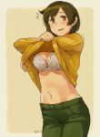  1girl alternate_costume bangs banned_artist blush bra breasts brown_eyes brown_hair cleavage clothes_lift eyebrows_visible_through_hair green_pants hiryuu_(kantai_collection) kantai_collection lifted_by_self makio_(makiomeigenbot) medium_breasts navel open_mouth pants ribbed_sweater short_hair signature simple_background solo sweat sweater sweater_lift two-tone_background underwear undressing white_bra yellow_sweater 