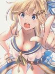  1girl absurdres bangs bare_shoulders bikini blonde_hair blue_eyes blush breasts cleavage collarbone cucouroux_(granblue_fantasy) eyebrows_visible_through_hair eyelashes granblue_fantasy hair_ornament hairclip highres long_hair open_mouth original pointing pointing_at_viewer ponytail sassakntm swimsuit teeth thighs tongue 