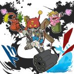  artist_name belt blue_eyes blue_shorts cable digimon digimon_adventure english_text firing gerbemon hammer hat highres holding holding_hammer holding_weapon inkblot looking_at_viewer monster no_humans open_mouth paint_splatter pinochimon poop red_eyes red_headwear redvegimon sharp_teeth shorts skull_print smile splatter_background suspenders teeth throwing tongue trash_can watermark weapon yeo_yee_heng 