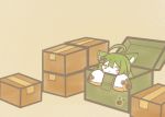  1girl :3 ahoge akashi_(azur_lane) animal_ear_fluff animal_ears azur_lane box cat_ears chibi green_hair koti long_hair long_sleeves simple_background solo yellow_background 