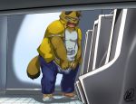  2020 anthro belly bottomwear brown_body brown_fur camera canid canine clothed clothing eyes_closed eyewear fur genitals glasses hi_res kemono kounosuke_(morenatsu) male mammal mesidukainumaru morenatsu open_clothing open_shirt open_topwear overweight overweight_anthro overweight_male pants penis raccoon_dog shirt solo tanuki topwear underwear video_games visual_novel 