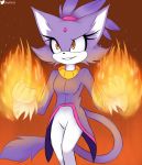  absurd_res anthro blaze_the_cat clothed clothing felid feline female fire fur hi_res mammal orange_eyes purple_body purple_fur skyversa smile solo sonic_the_hedgehog_(series) 